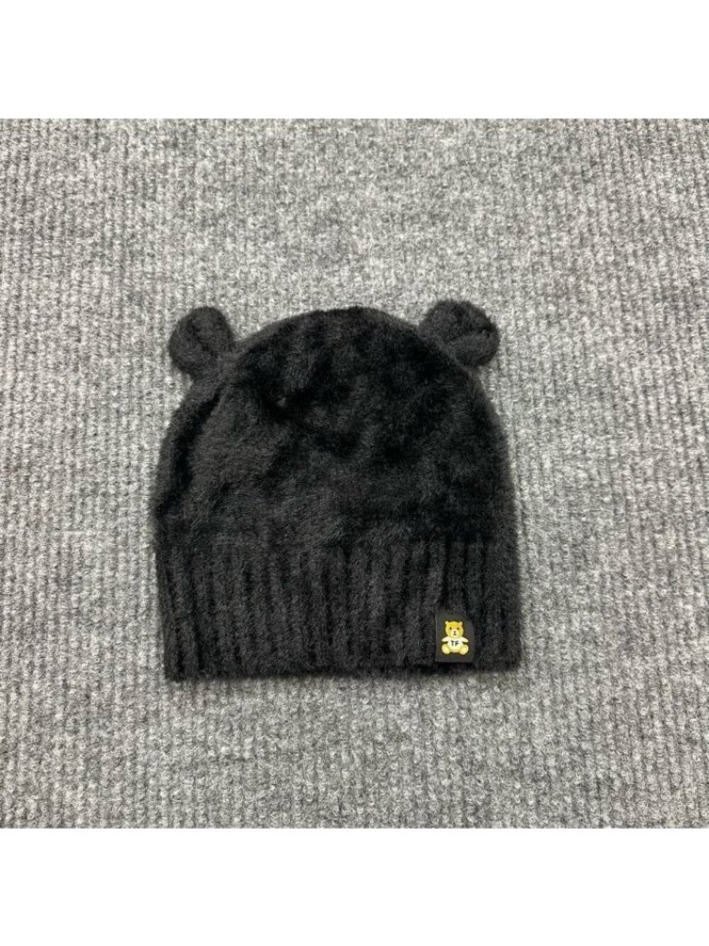 Teddy Fresh Classic Black Fuzzy Bear Ear Beanie Logo Tab Pull On Winter Hat OS